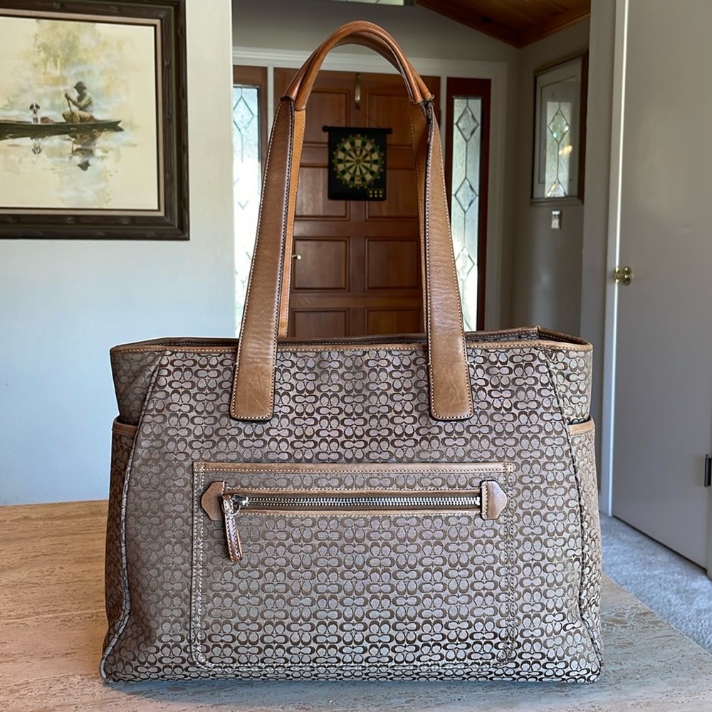 🌹COACH Leather-Trim Tote Bag in Taupe and Tan